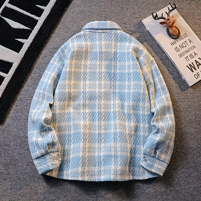 Men's Vintage Plaid Loose Shirt With Chest Pockets, Casual Lapel Button Up Long Sleeve Loose Shirt For Spring Fall K-pop