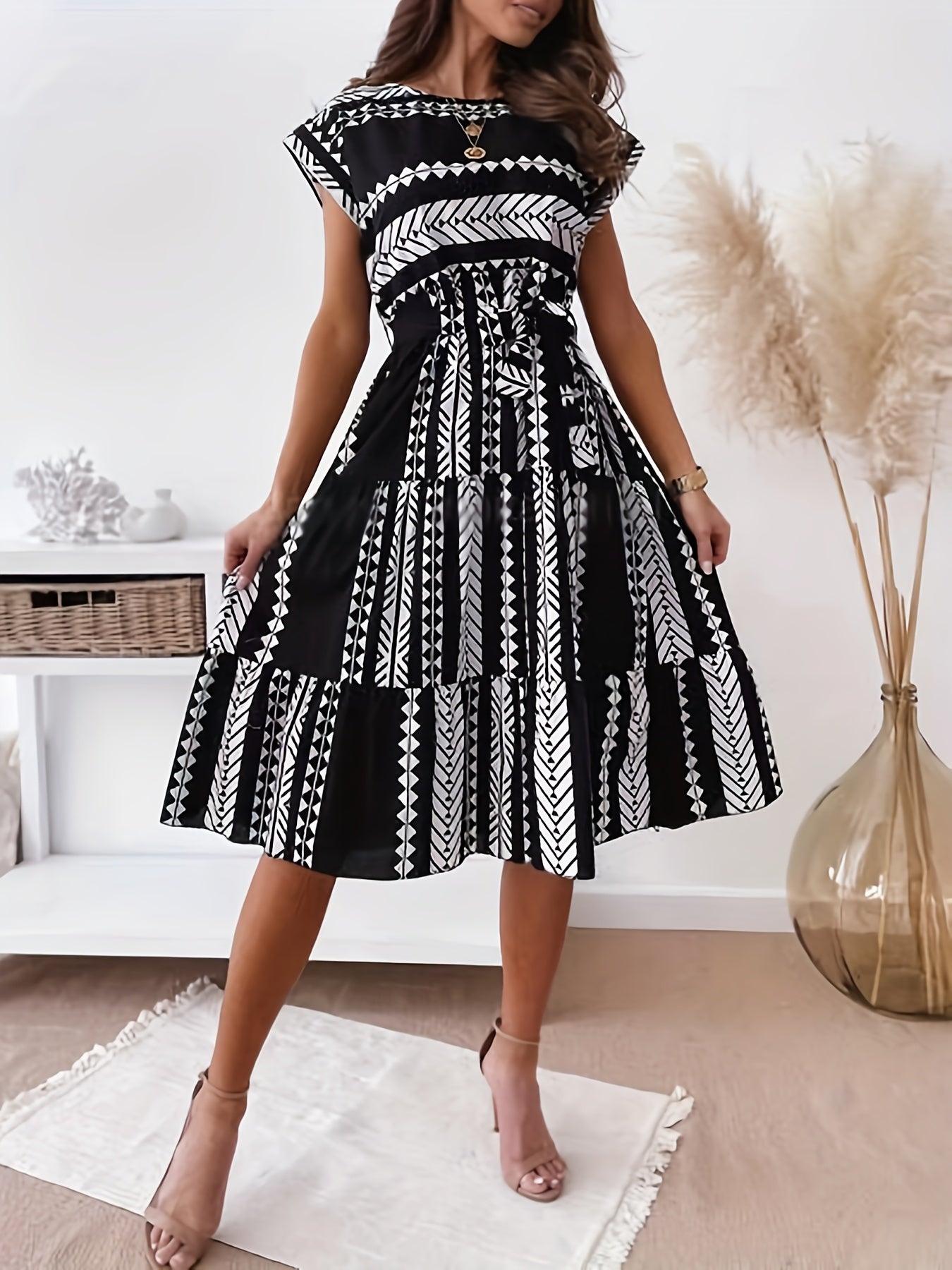 Ethnic Print Cap Sleeve Dress, Vacation Crew Neck Midi Dress, Women's Clothing