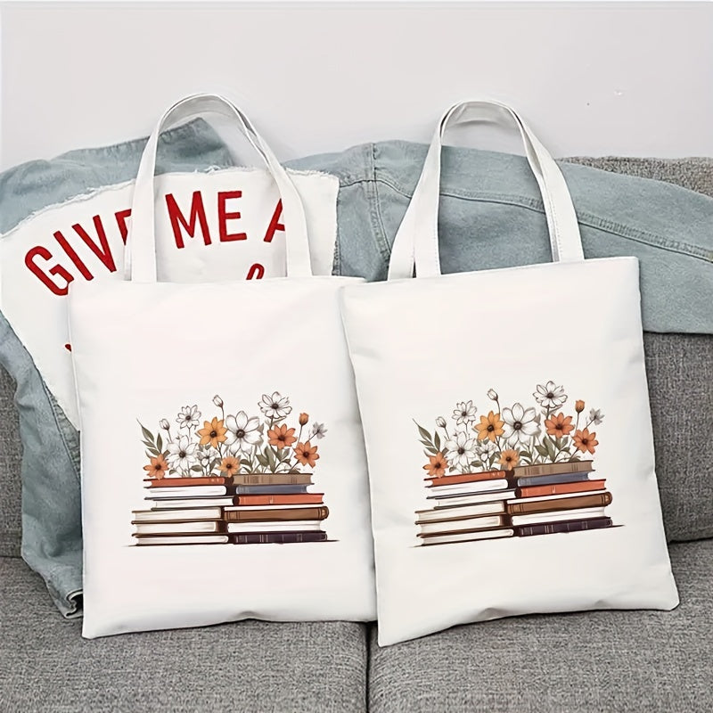 1pc Book and Flower Pattern Shoulder Bag Shopping Canvas Bag Canvas Tote Bag Tote Casual Canvas School Multifunctional Shopping Bag