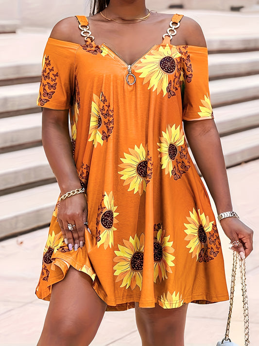 Plus Size Sunflower Print Cold Shoulder Dress, Casual Zipper Short Sleeve Dress For Spring & Summer, Women's Plus Size Clothing