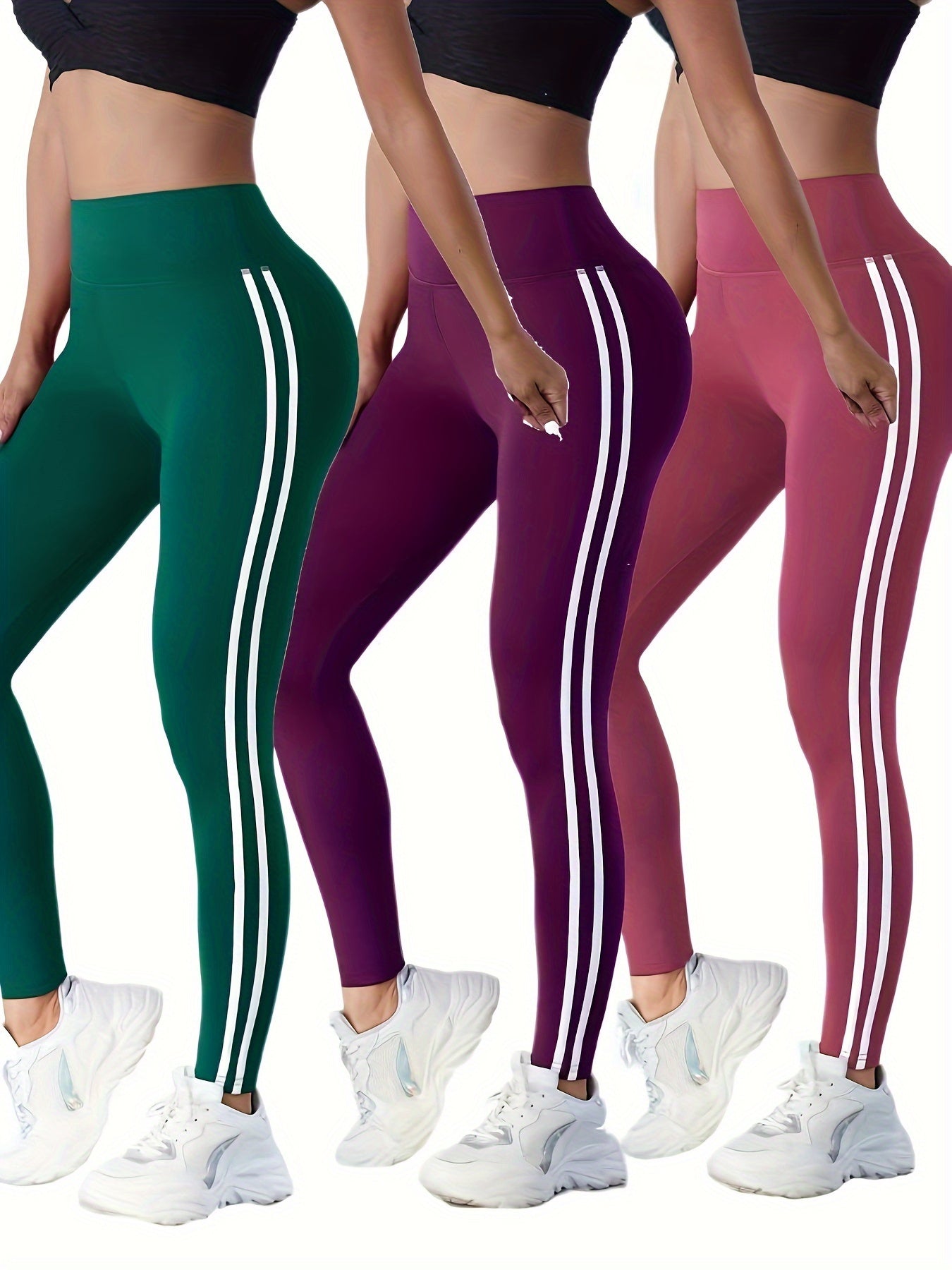 3Pcs Side Striped Pattern Yoga Pants, High Waist Butt Lifting Workout Leggings, Women's Activewear Wide Waistband