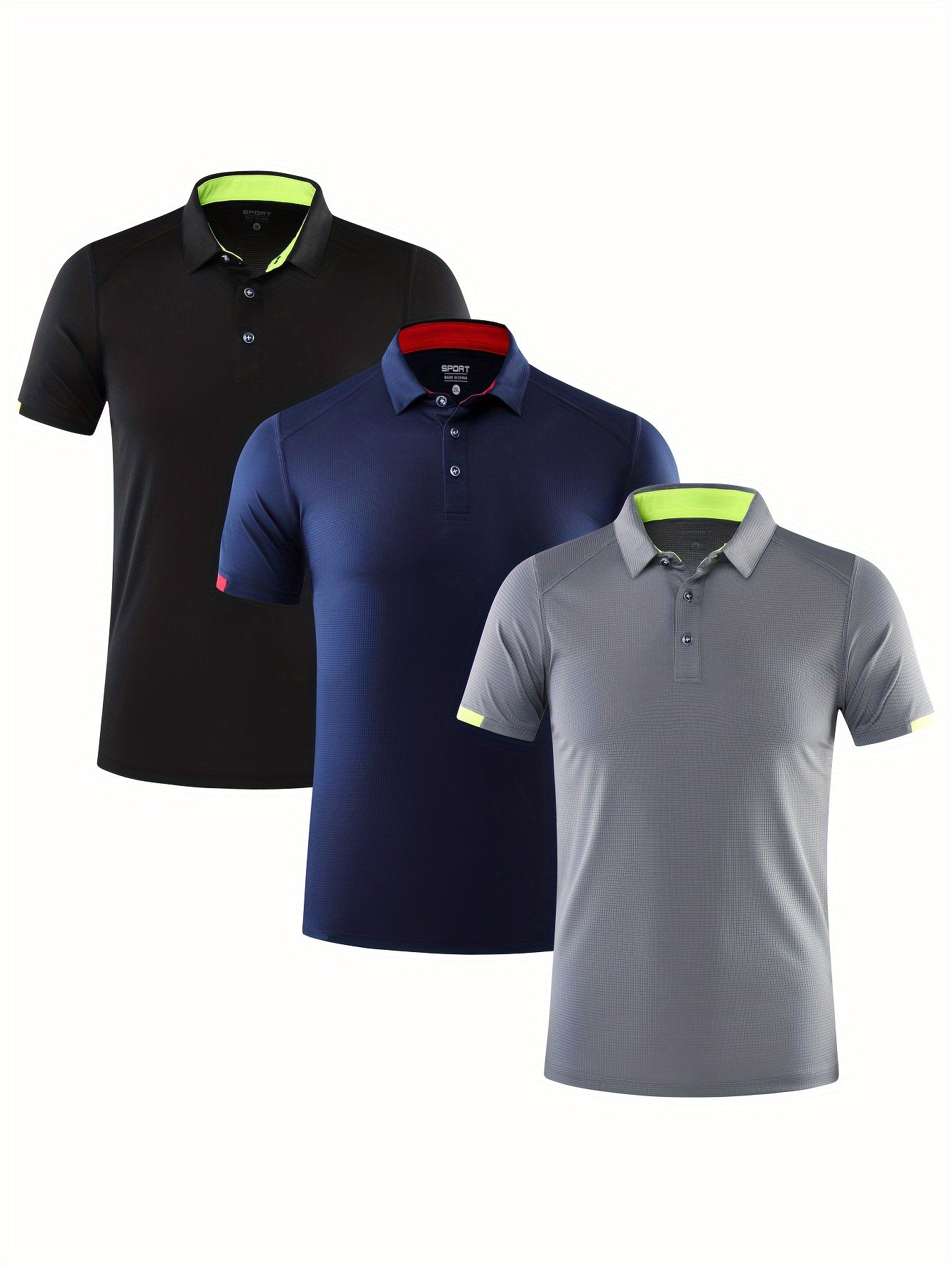 3-Pack Men's Breathable Quick-Dry Sports Polo Shirts - 100% Polyester Knit Fabric, Lightweight, Moisture-Wicking, Short Sleeve, Regular Fit for Spring/Summer/Fall - Sports Tees with Polo Collar & Button Detail