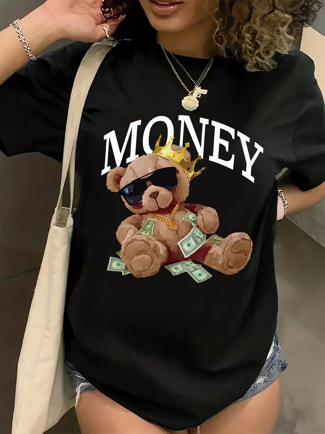 Plus Size MONEY & Cartoon Bear Print T-shirt, Casual Short Sleeve Crew Neck Top For Spring & Summer, Women's Plus Size Clothing