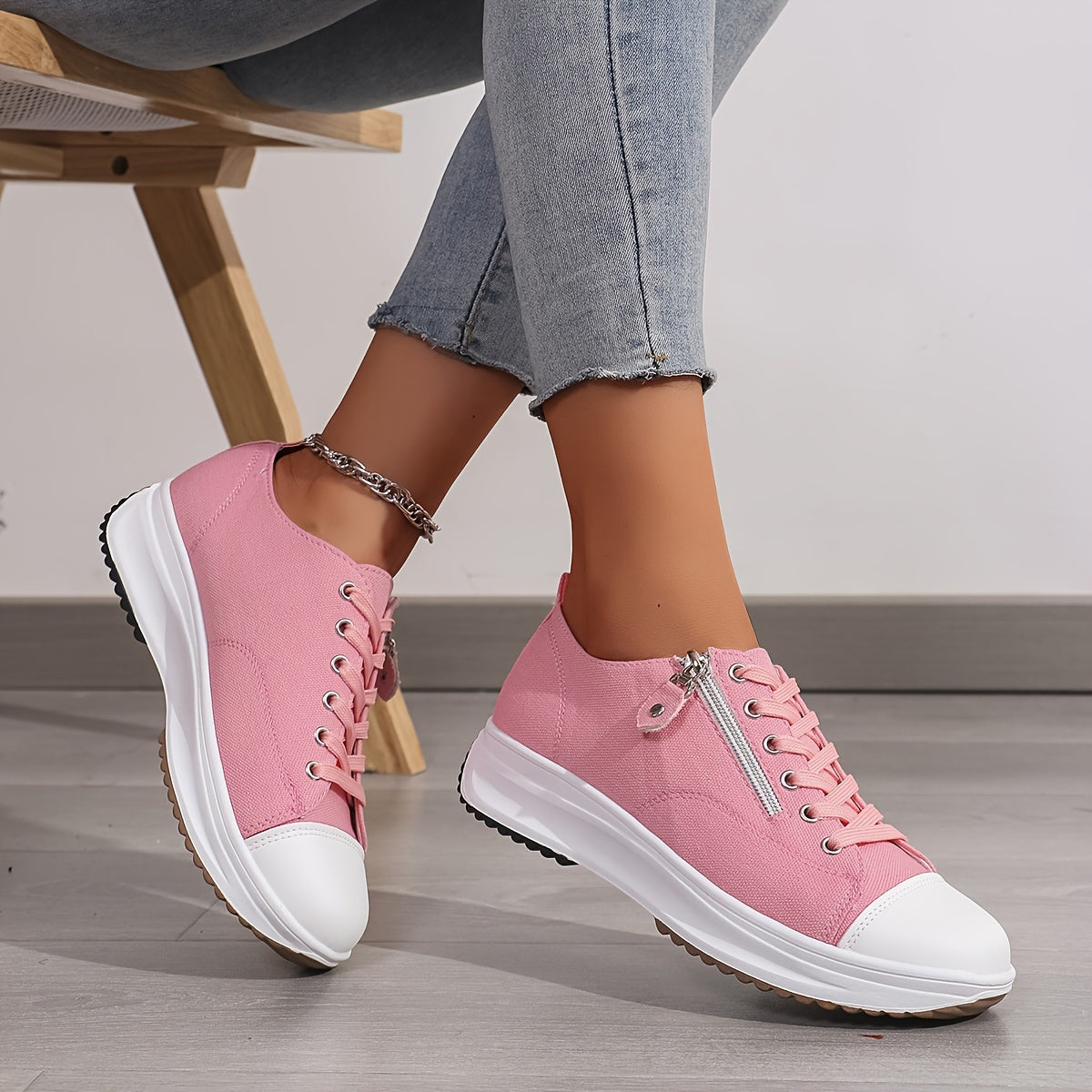 Women's Classic Solid Color Canvas Fashion Sneakers - Low Top Casual Shoes with Lace-Up Closure, Breathable Fabric Upper and Lining, Plain Toe Design, Durable Rubber Sole, Comfortable All-Season Footwear