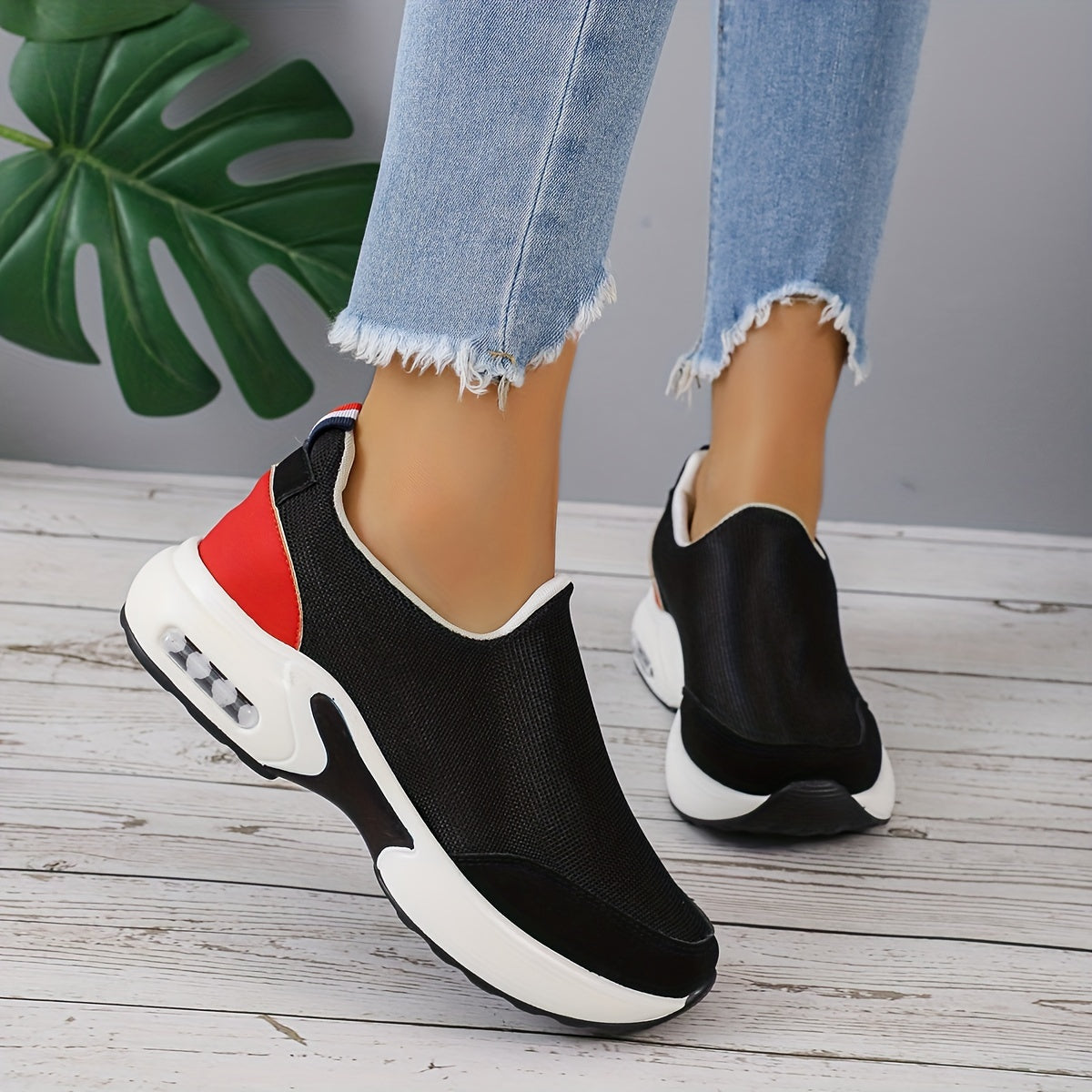 Women's Trendy Colorblock Chunky Sneakers, Stylish Slip On Air Cushion Shoes, Lightweight Low Top Shoes