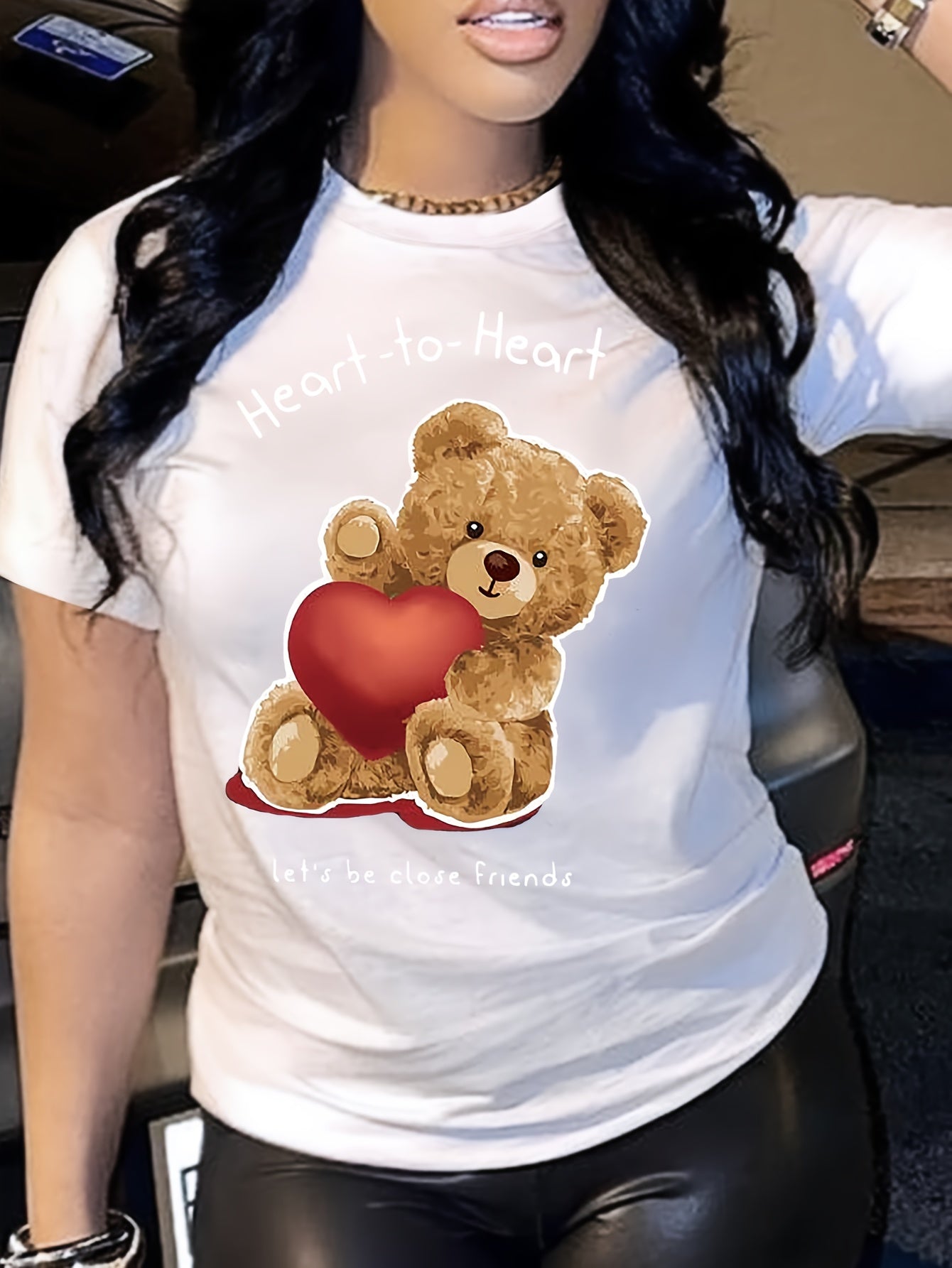 Cartoon Bear Print T-shirt, Short Sleeve Crew Neck Casual Top For Summer & Spring, Women's Clothing