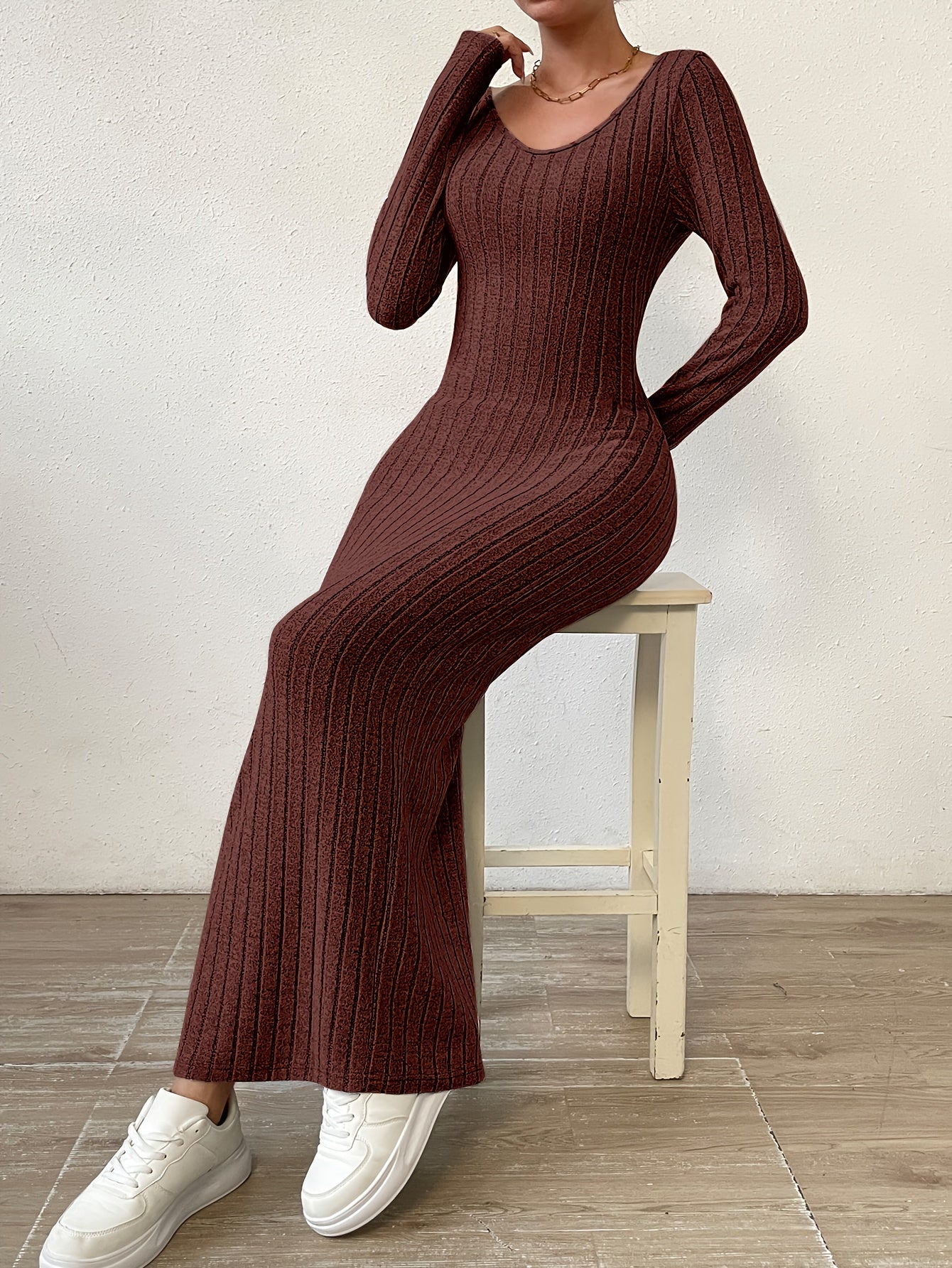 Ribbed Solid Dress, Casual Crew Neck Long Sleeve Maxi Dress, Women's Clothing