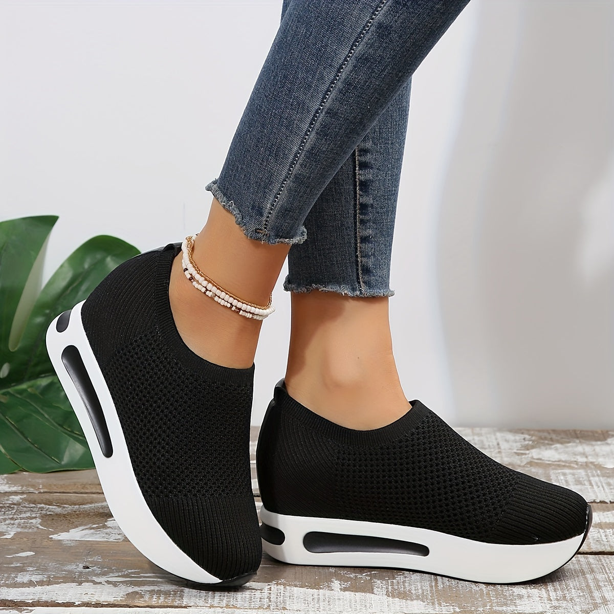 Women's Platform Rocker Sneakers, Breathable Elastic Knitted Slip On Trainers, Casual Outdoor Walking Shoes