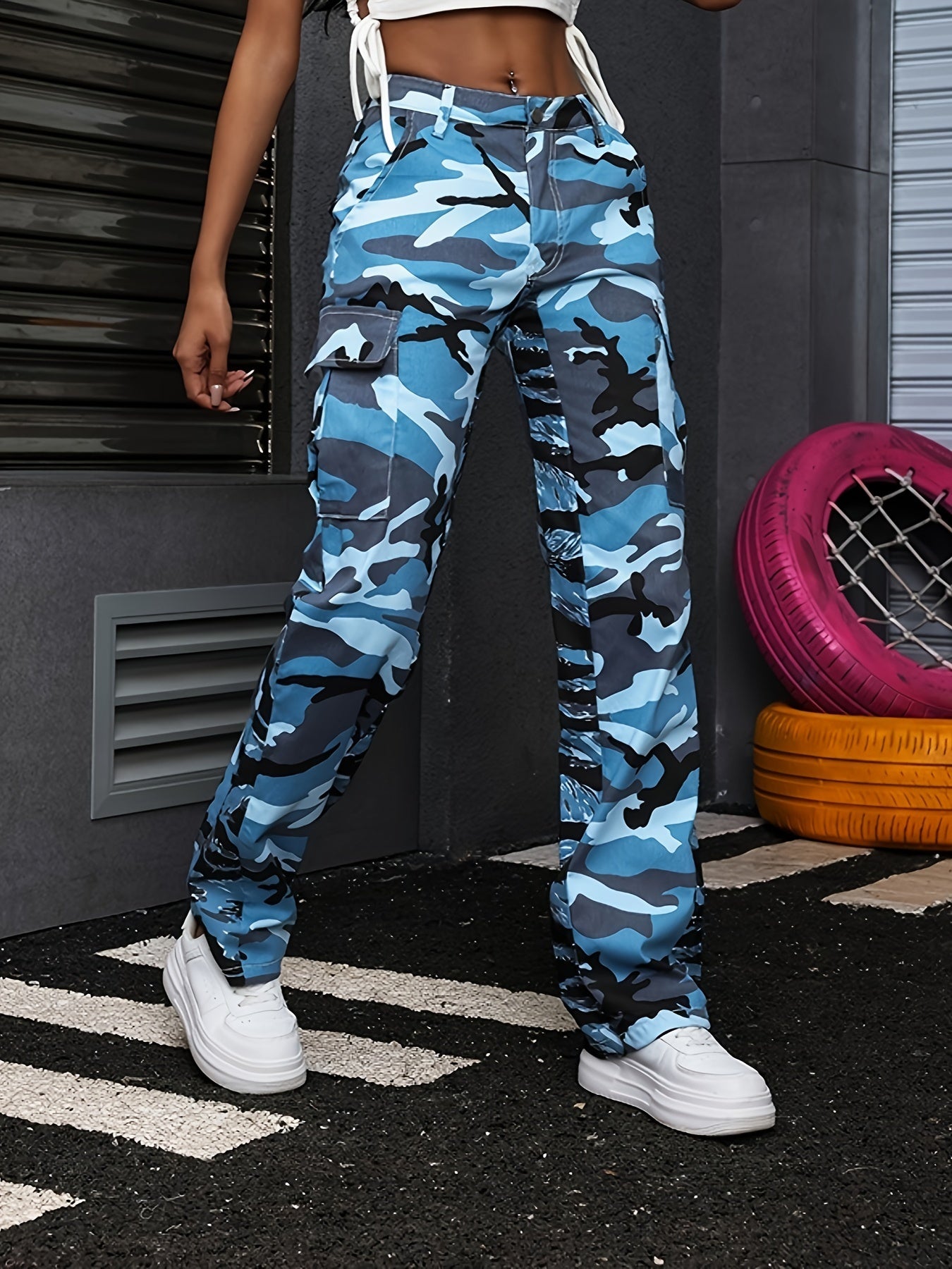 Camo Print Flap Pockets Cargo Pants, Vintage Loose Straight Leg Pants For Spring & Fall, Women's Clothing