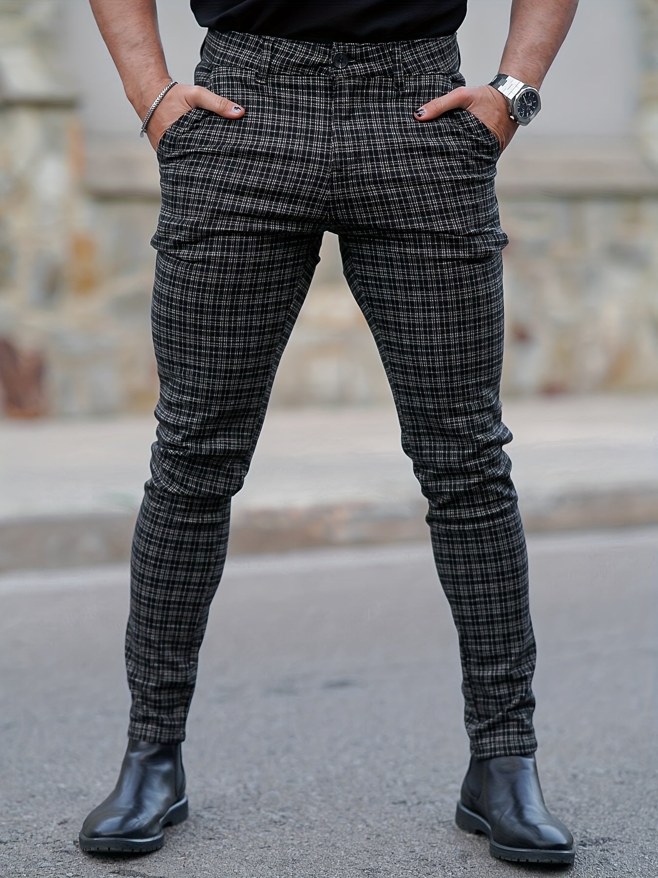 Elegant Men's Slim Fit Deep Grey Plaid Dress Pants For Business