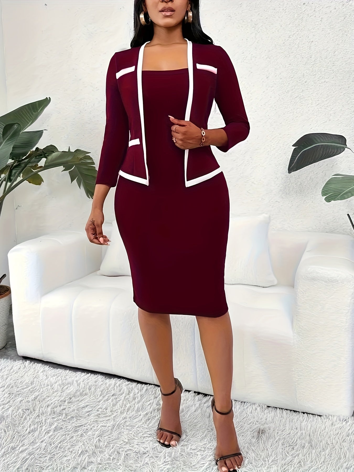 Chic 2-in-1 Contrast Trim Bodycon Dress - Long Sleeve, Figure-Hugging, Versatile For Office & Beyond - Womens Work Wear