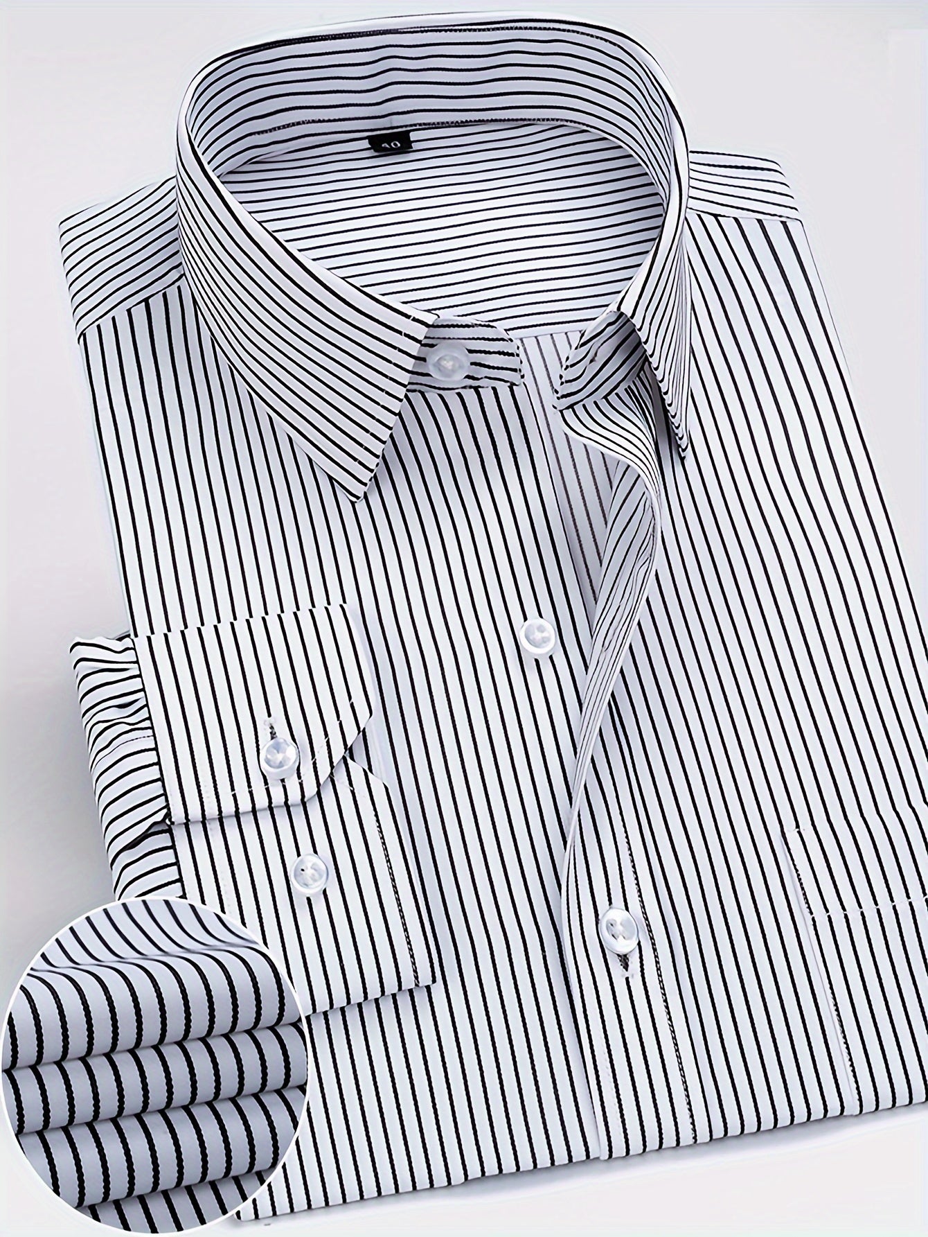 Men's Classic Striped Long Sleeve Shirt - Casual & Business Style, Polyester, Non-Stretch Fabric, Button Detail