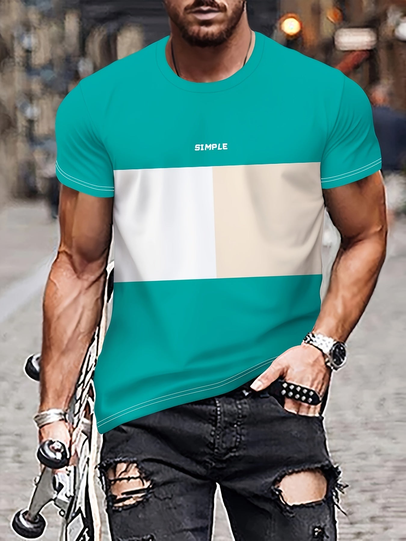 Color Block Men's Casual Short Sleeve Crew Neck T-shirt, Summer Outdoor Leisure