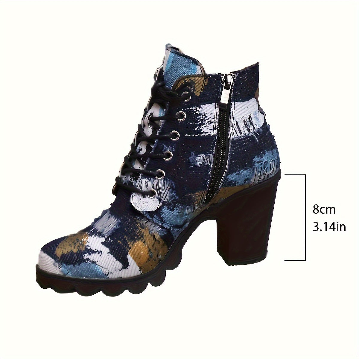 Women's Patchwork Boots, Lace Up Platform Side Zipper Chunky Heels, Round Toe Versatile Boots