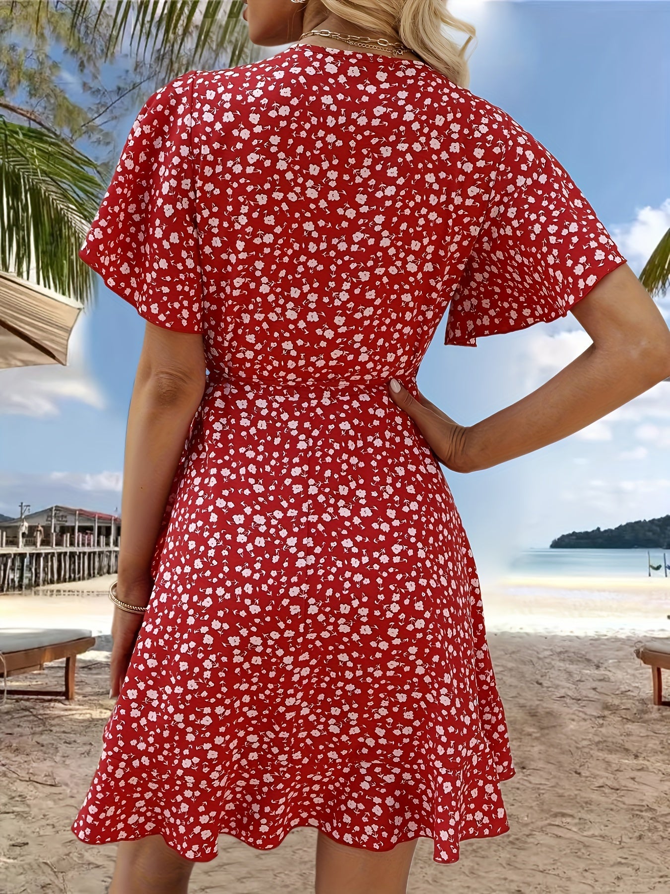 Floral Print V-neck Dress, Elegant Short Sleeve Cinched Waist Ruffle Hem Dress For Spring & Summer, Women's Clothing