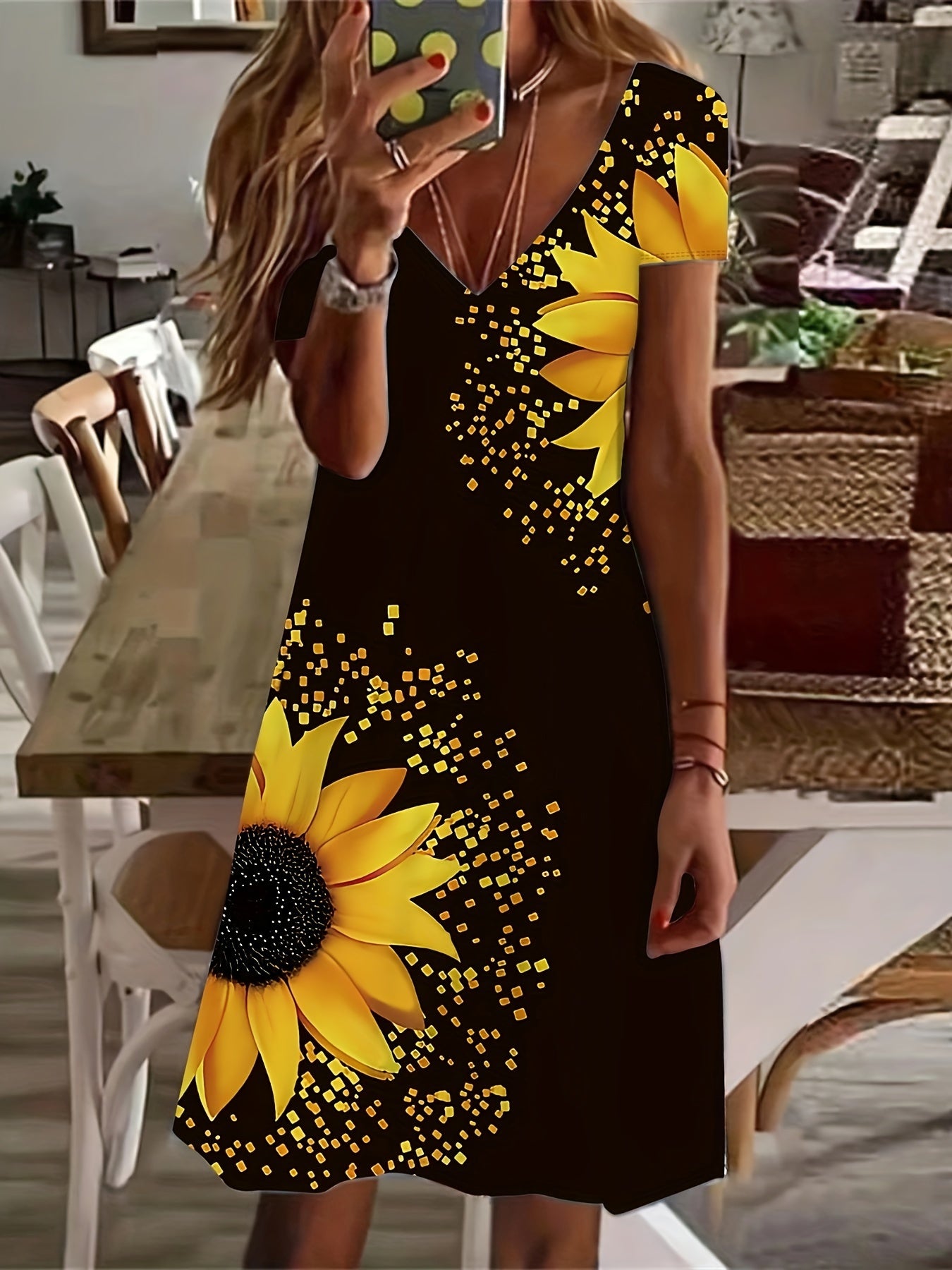 Sunflower Print Slim Dress, Casual Short Sleeve V-neck Dress For Summer & Spring, Women's Clothing