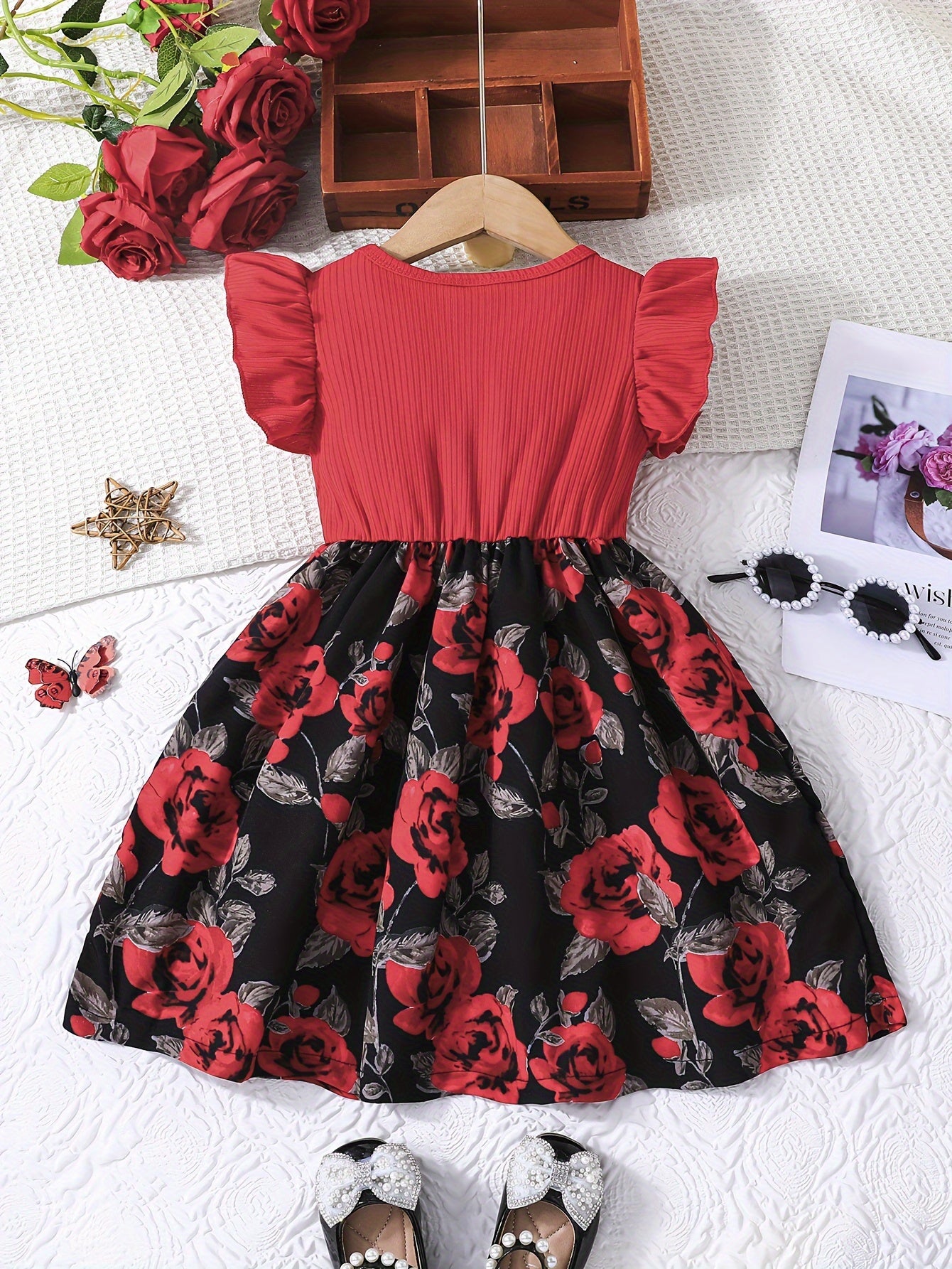 Elegant Rose Spliced Print Ruffle Sleeveless Dress For Girls, Bow Waist Color Spliced Casual Dresses, Gift