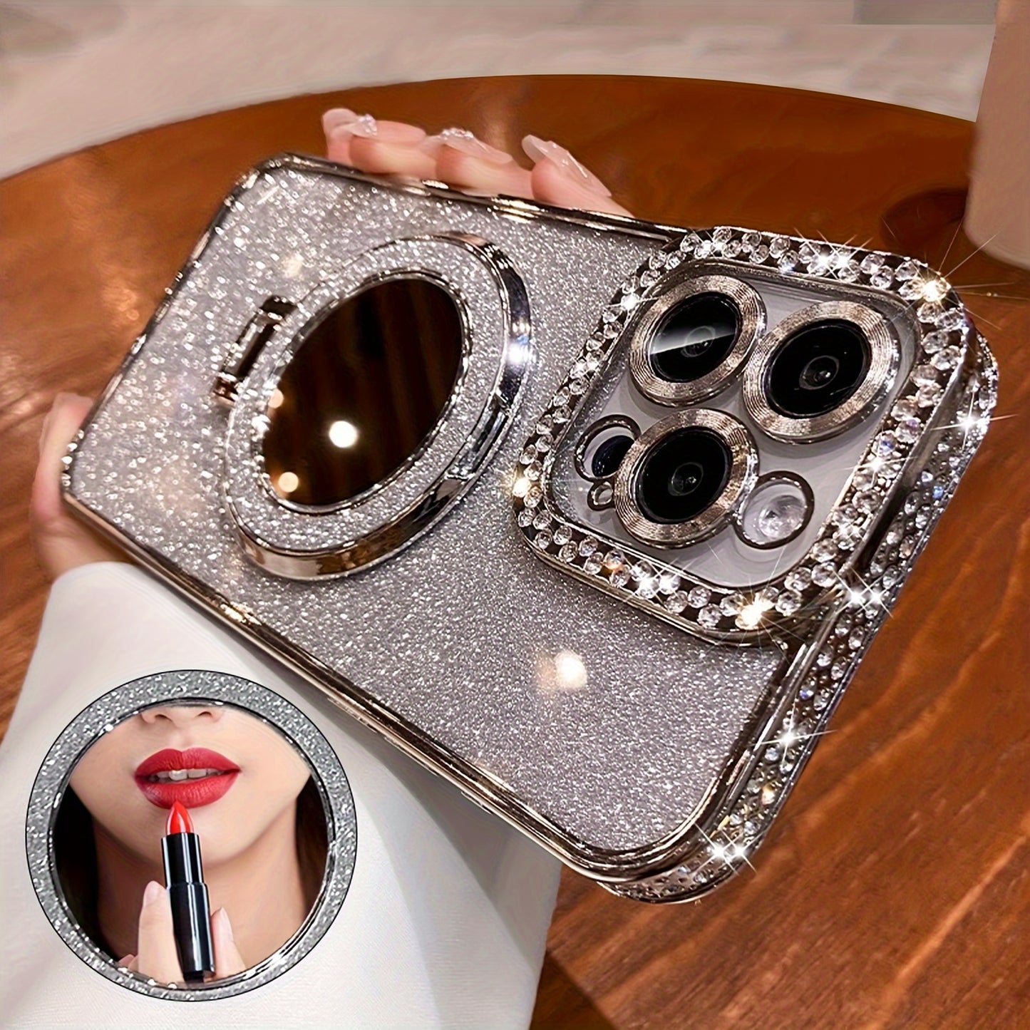 New Luxury High-Grade Glitter Double Row Diamond Mirror Magnetic Bracket All-Inclusive Lens Mobile Phone Case Suitable for Apple for Iphone 16 15 14 13 12 11 Pro Max / Niche Transparent Anti-Fall Soft Glue Protective Back Cov