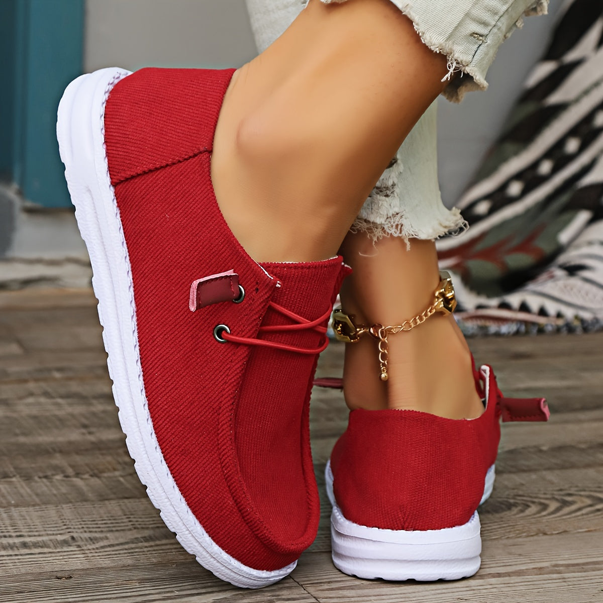 Women's Casual Slip-On Sneakers, Round Toe Lace-up Flats, Breathable Canvas Shoes With Rubber Sole, Lightweight Comfort Walking Shoes, Large Size - Red