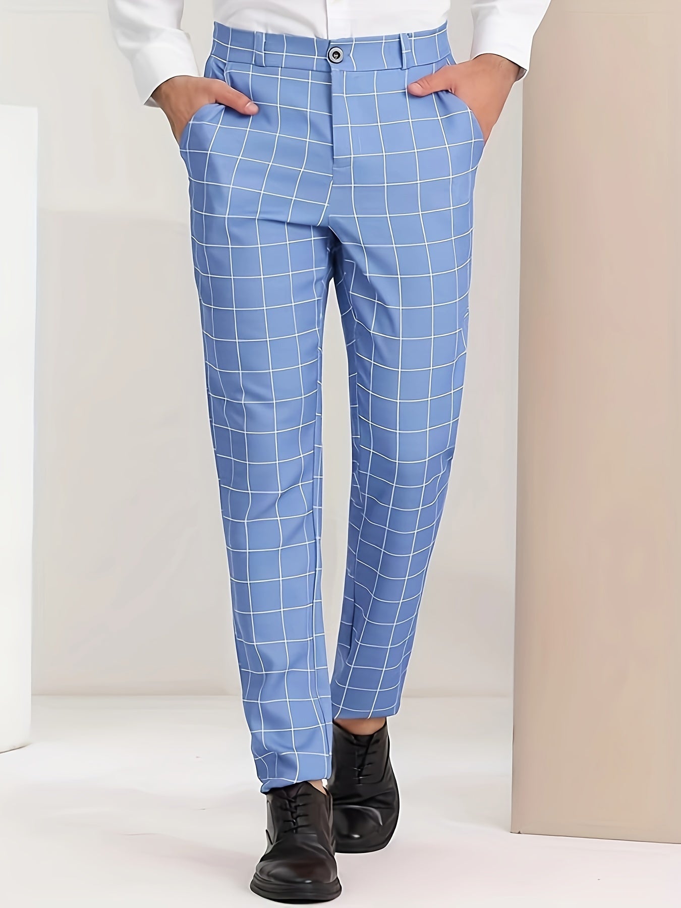 Classic Plaid Design Dress Pants, Men's Formal Slightly Stretch Dress Pants For Business Occasions