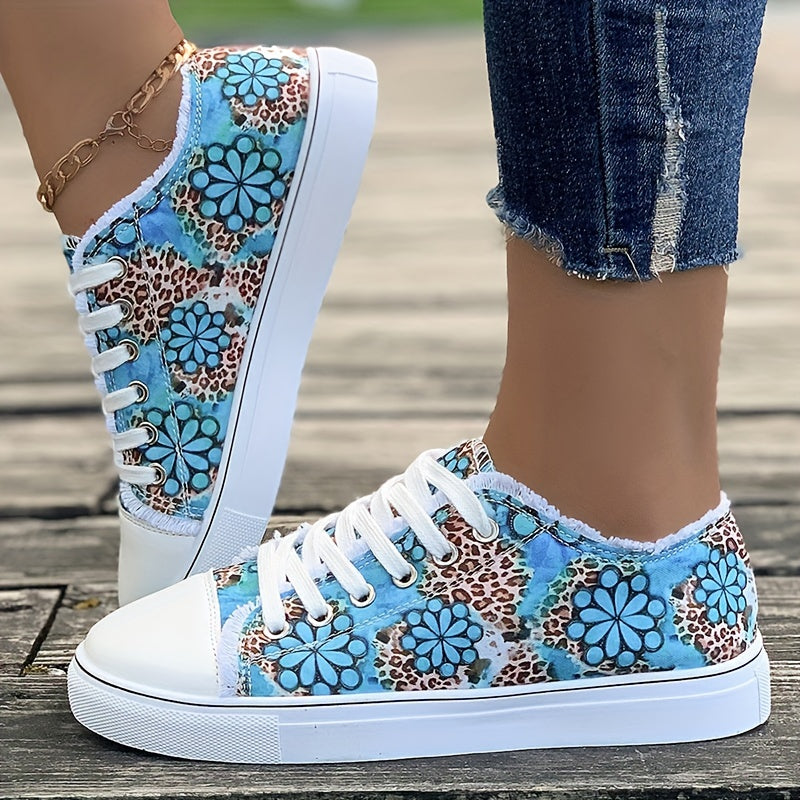 Women's Flower Print Canvas Sneakers, Raw Trim Lace Up Low Top Skate Shoes, Casual Round Toe Flats Shoes