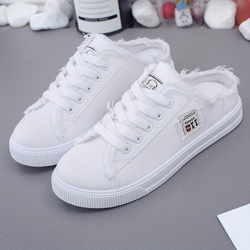 Women's Letter Patched Raw Trim Mules Sneakers, Lace Up Platform Canvas Shoes, Fashion Half Slippers