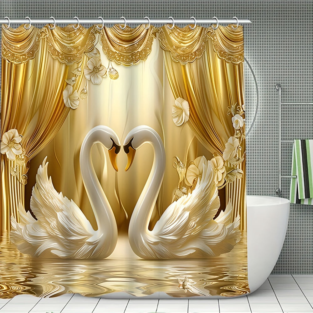 Luxurious Golden 3D Swans Print Bathroom Set: Includes 12 Free Hooks, Waterproof Curtain, Non-Slip Mat, Toilet Seat Cover, And Bath Rug - Perfect for Valentine'S Day Or Year-Round Romance