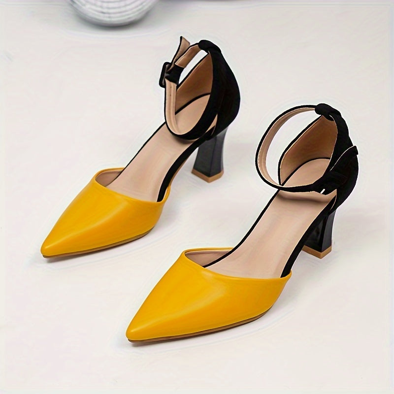 Women's Colorblock Elegant Shoes, Ankle Buckle Strap Chunky Heel Summer Shoes, Point Toe Versatile Shoes