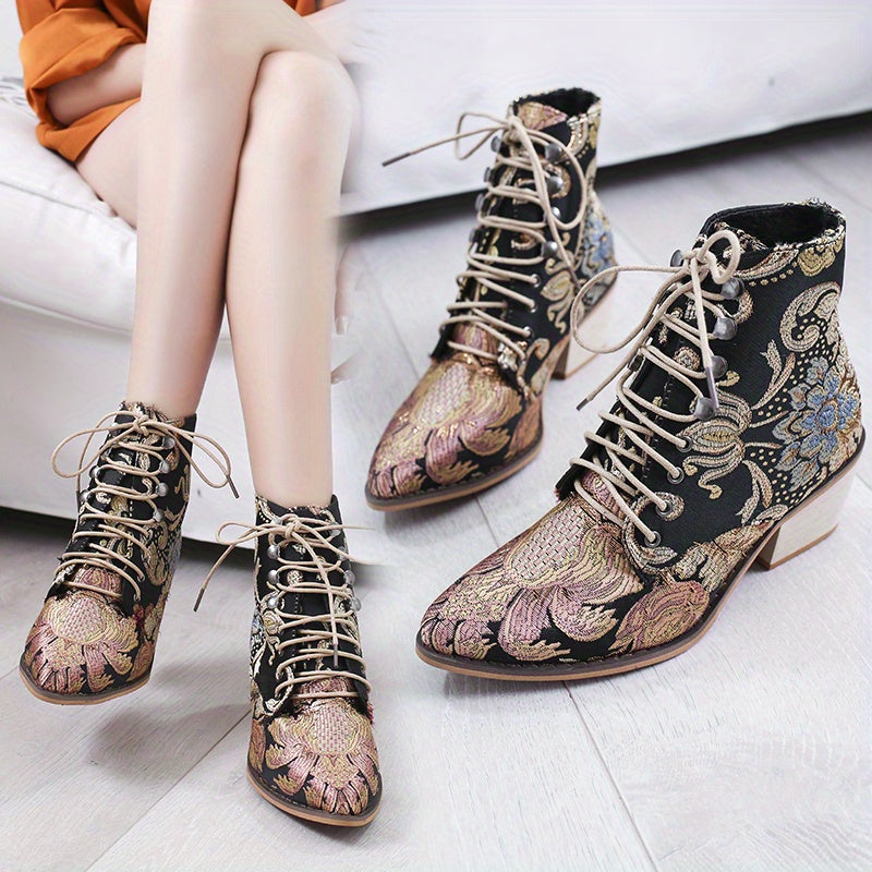 Women's Vintage Flower Boots, Lace Up Chunky Heel Western Cowboy Boots, Point Toe Stylish Chelsea Boots fall