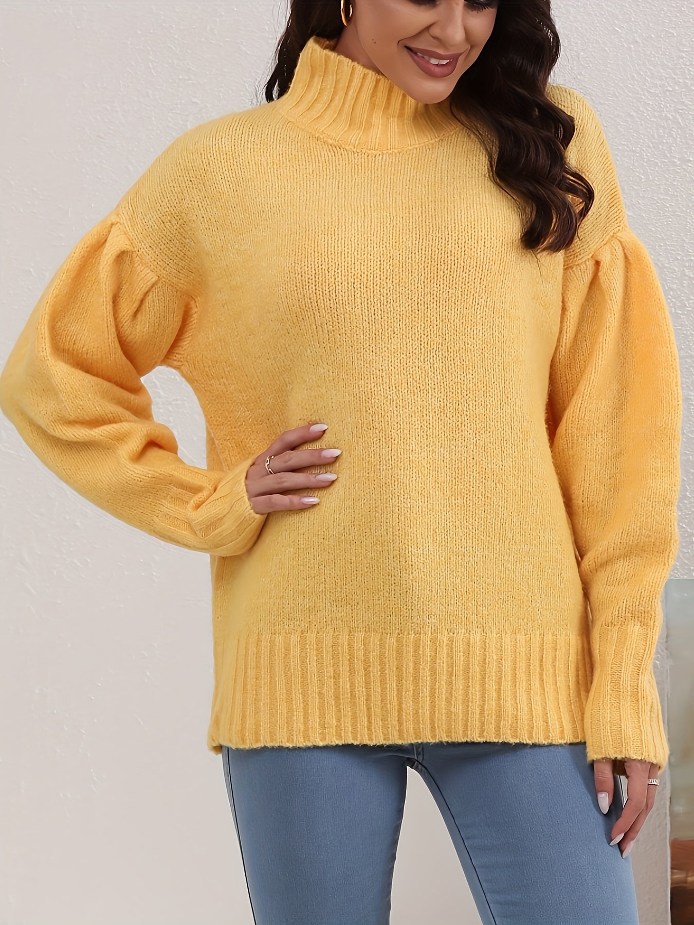 Solid Mock Neck Knit Sweater, Elegant Long Sleeve Pullover Sweater For Fall & Winter, Women's Clothing