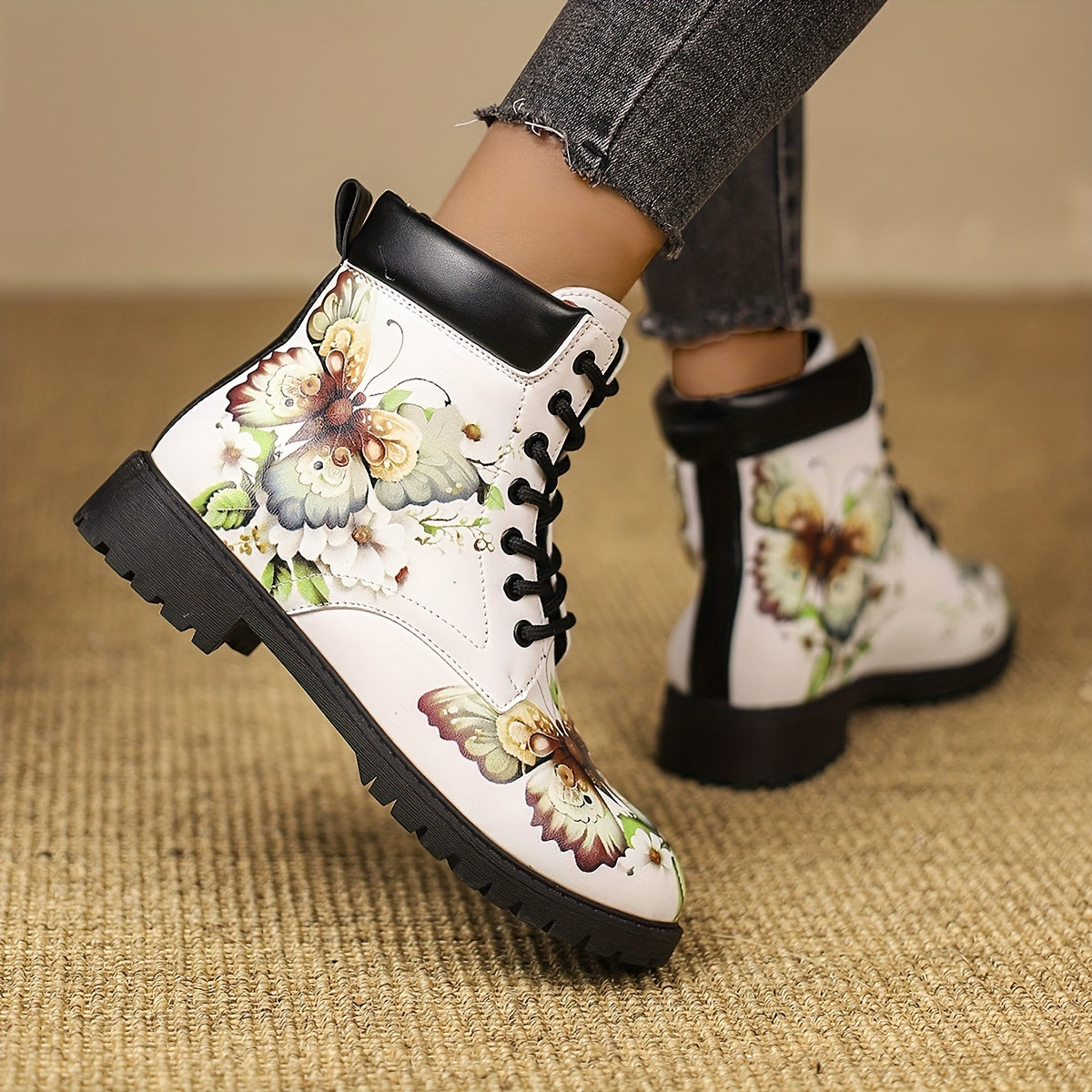 Women's Trendy Butterfly Printed Boots, Fashion Lace Up Short Boots, Women's Comfortable Boots