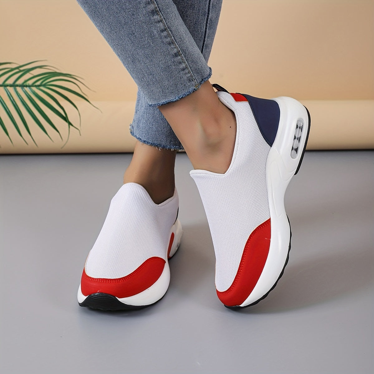 Women's Trendy Colorblock Chunky Sneakers, Stylish Slip On Air Cushion Shoes, Lightweight Low Top Shoes