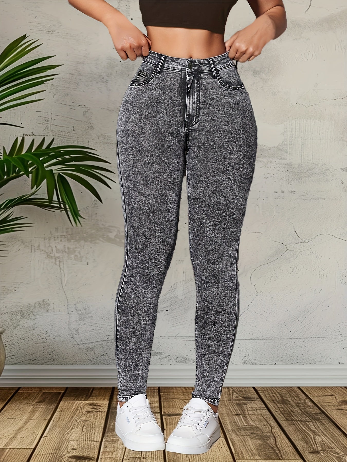 Skinny Fit Plain Washed Grey Casual Style Zipper Button Closure Denim Pants, Women's Denim Jeans & Clothing