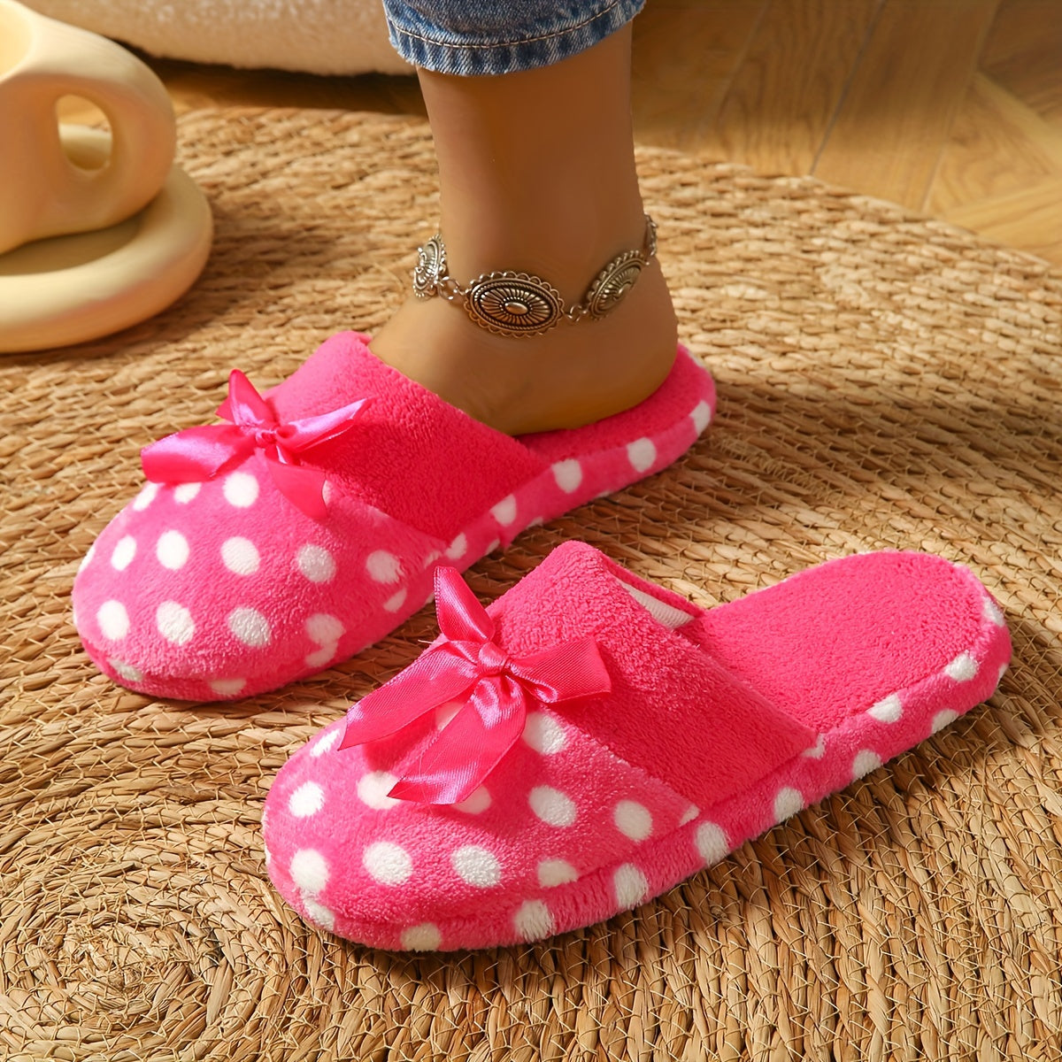 Polka Dot Bowknot Casual Slippers for Women - Cozy Fabric Slip-on Indoor Shoes with PVC Sole, Non-Washable, Thick Comfort Insole, Fashionable Positioning Print Design for Spring, Autumn, Winter