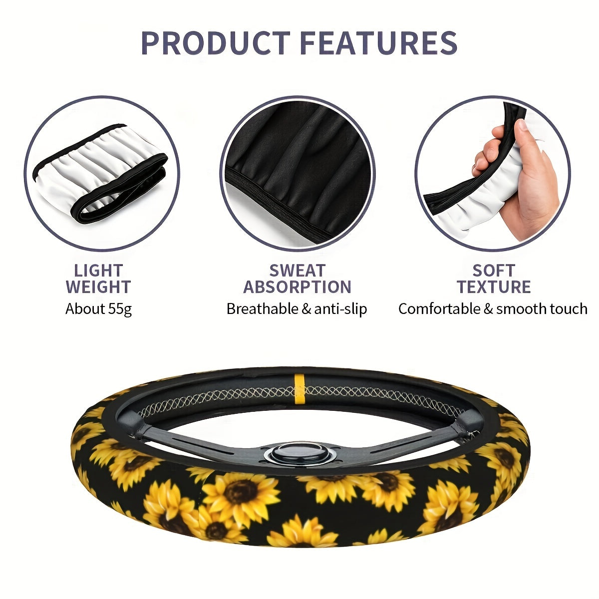 1pc Sunflower Pattern Car Steering Wheel Cover - Universal 38.1 Cm Anti-Slip Car Steering Wheel Protector Cover, Car Interior Accessories