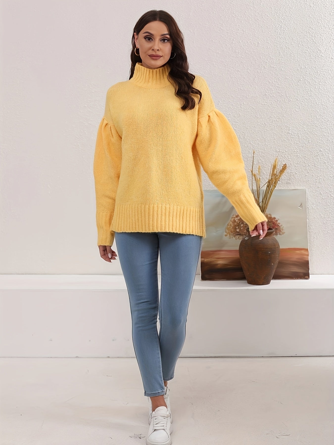 Solid Mock Neck Knit Sweater, Elegant Long Sleeve Pullover Sweater For Fall & Winter, Women's Clothing