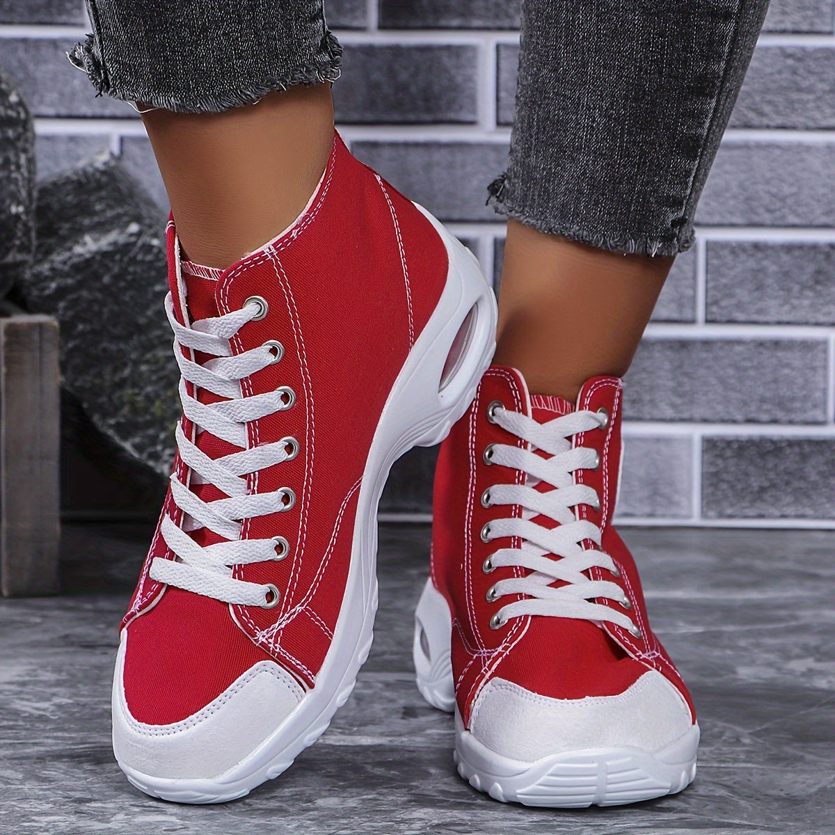 Women's Chunky Heel Canvas Shoes, Fashion Lace Up Outdoor Shoes, Comfortable Air Cushion Shoes