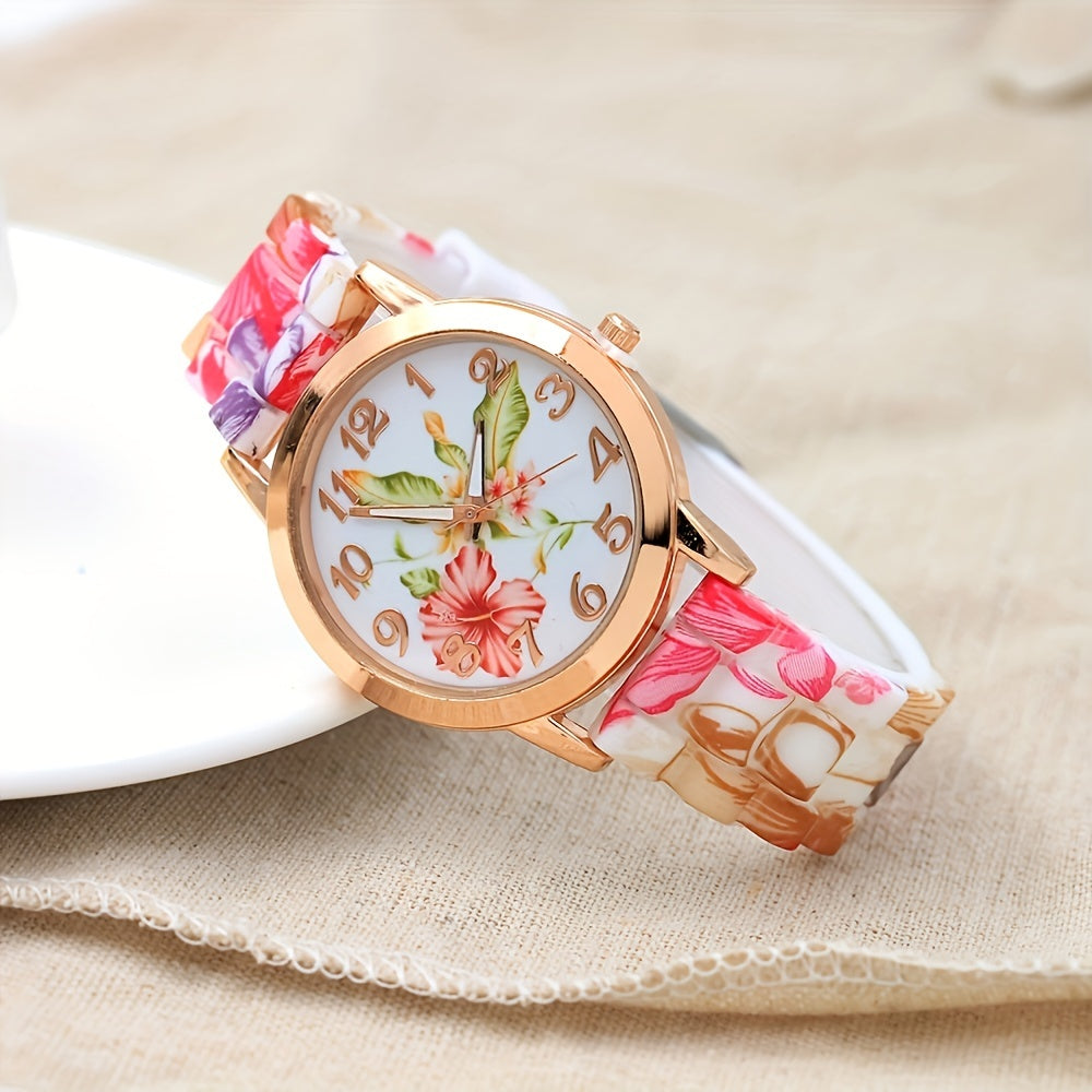 Festive Lady's Floral Watch with Silicone Strap - Quartz Movement, Alloy Case, and Analog Display