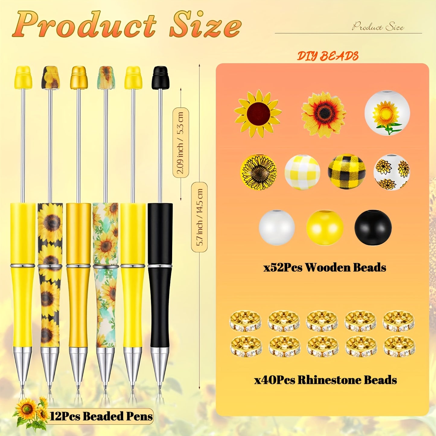 12 Set Sunflower DIY Beadable Pens Bulk, Assorted Bead Pens Wood Beads Crystal Beads Set With Plastic Black Ink Ballpoint Pen DIY Beaded Pen Set For Sunflower Party Supplies Halloween Christmas Gift