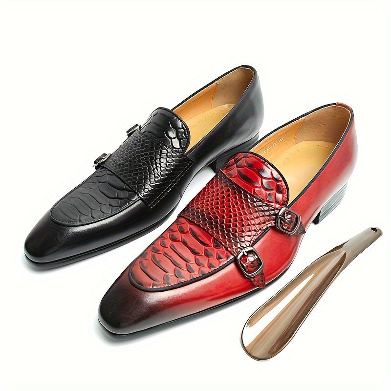 Men's Pointed-toe Double Monk Strap Loafers, Slip On Dress Shoes With Top Leather Uppers For Business Office Wedding Party