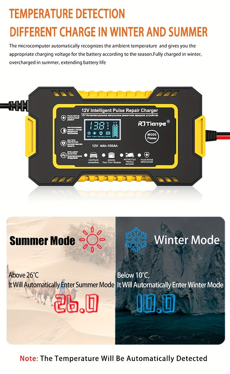 Car Battery Charger, 12V 2Ah-100Ah Smart Battery Trickle Charger Automotive Battery Maintainer Desulfator With Temperature Compensation