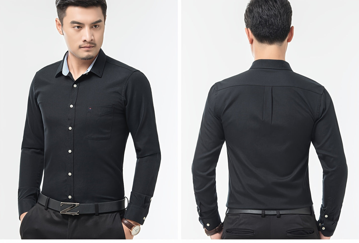 Men's Stylish Cotton Blend Solid Shirt, Formal Breathable Lapel Button Up Long Sleeve Shirt For Business Activities