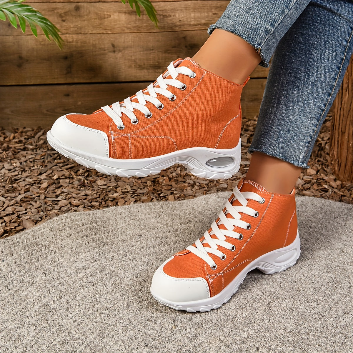 Women's Mid-Top Canvas Sneakers - Casual Lace-Up, Breathable Fabric, All-Season Comfort