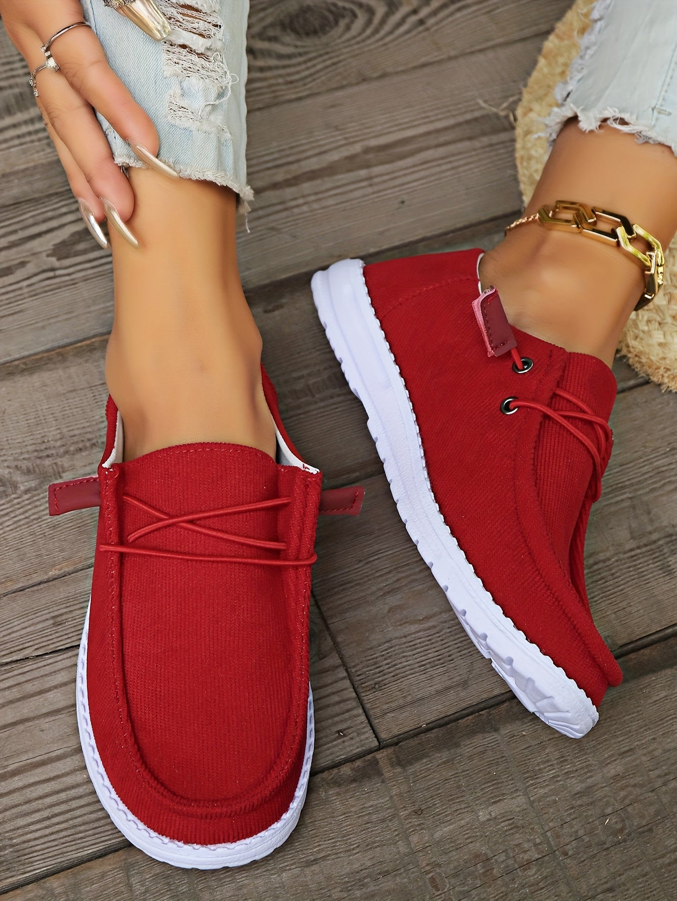 Women's Casual Slip-On Sneakers, Round Toe Lace-up Flats, Breathable Canvas Shoes With Rubber Sole, Lightweight Comfort Walking Shoes, Large Size - Red