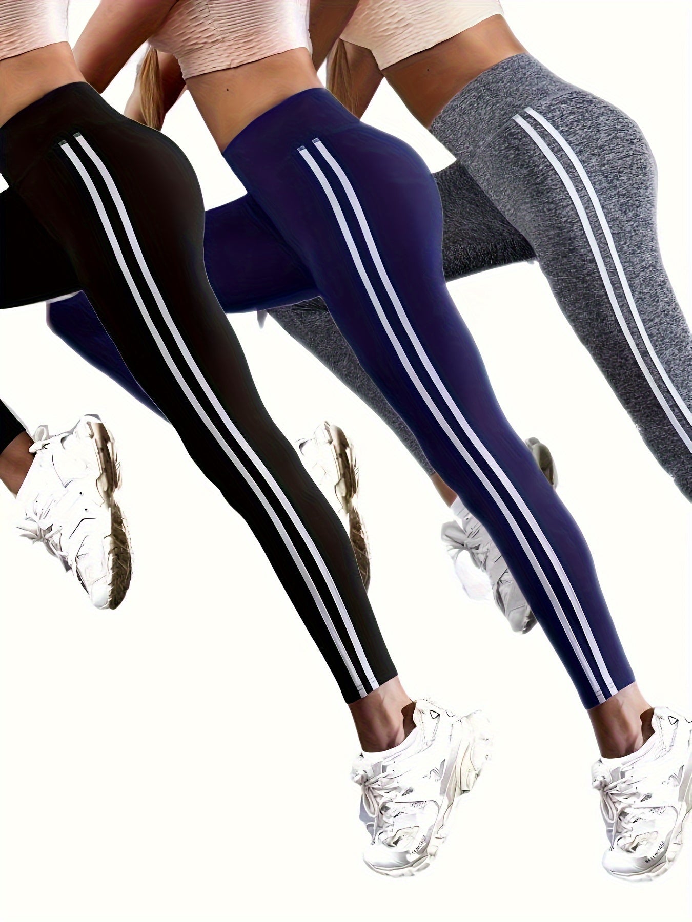 3Pcs Side Striped Pattern Yoga Pants, High Waist Butt Lifting Workout Leggings, Women's Activewear Wide Waistband