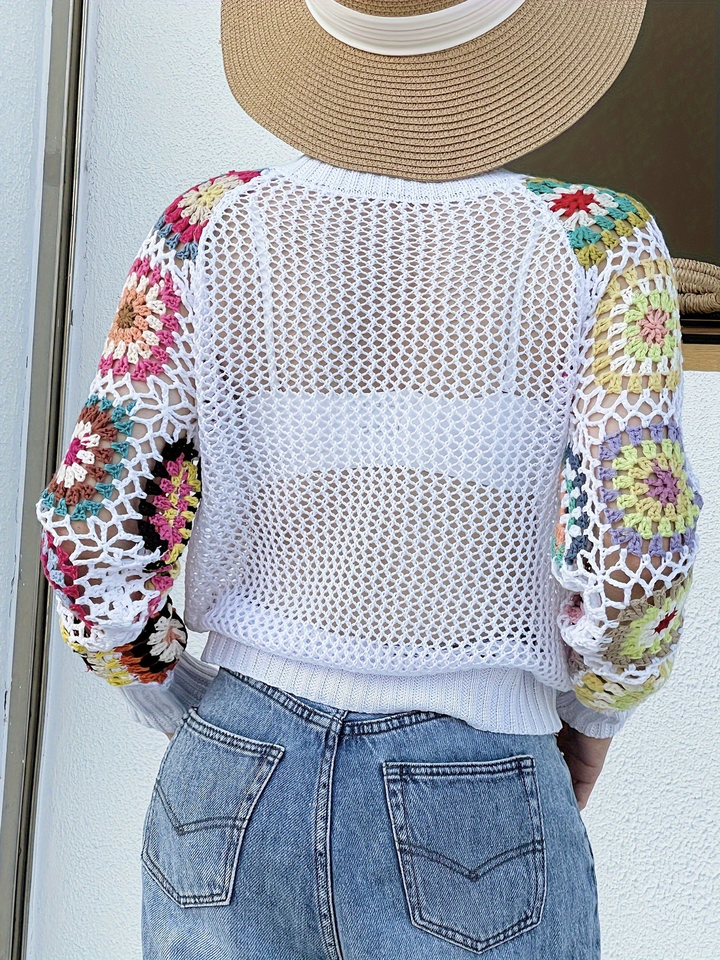 Floral Pattern Crew Neck Sweater, Vacation Style Eyelet Long Sleeve Sweater For Spring ＆ Fall, Women's Clothing