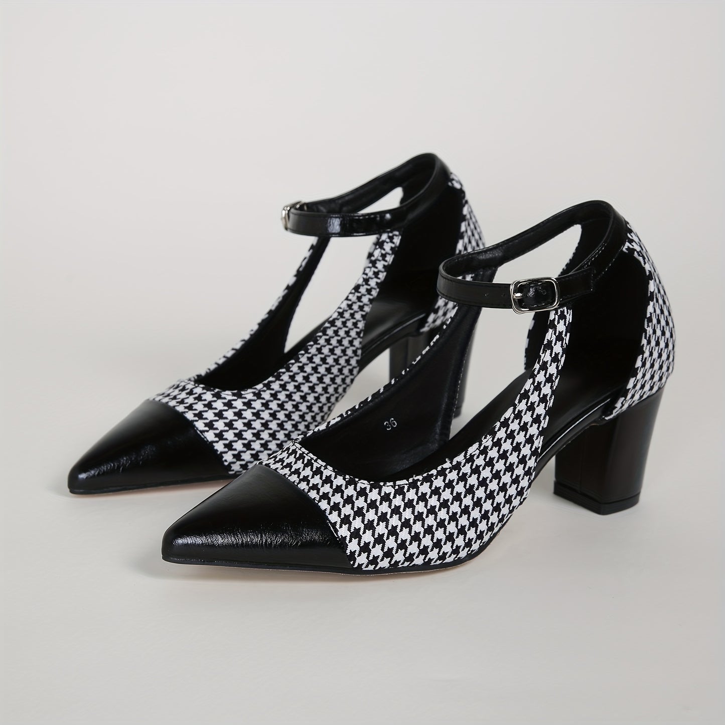 Women's Pointed Toe Pumps, Fashion Houndstooth D'Orsay Heels With Ankle Strap, Chic Contrast Color Block Heels