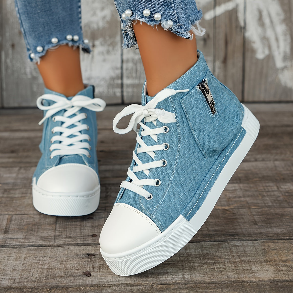 Women's Denim Platform Sneakers, Casual Lace Up Outdoor Shoes, Comfortable Side Zipper Shoes