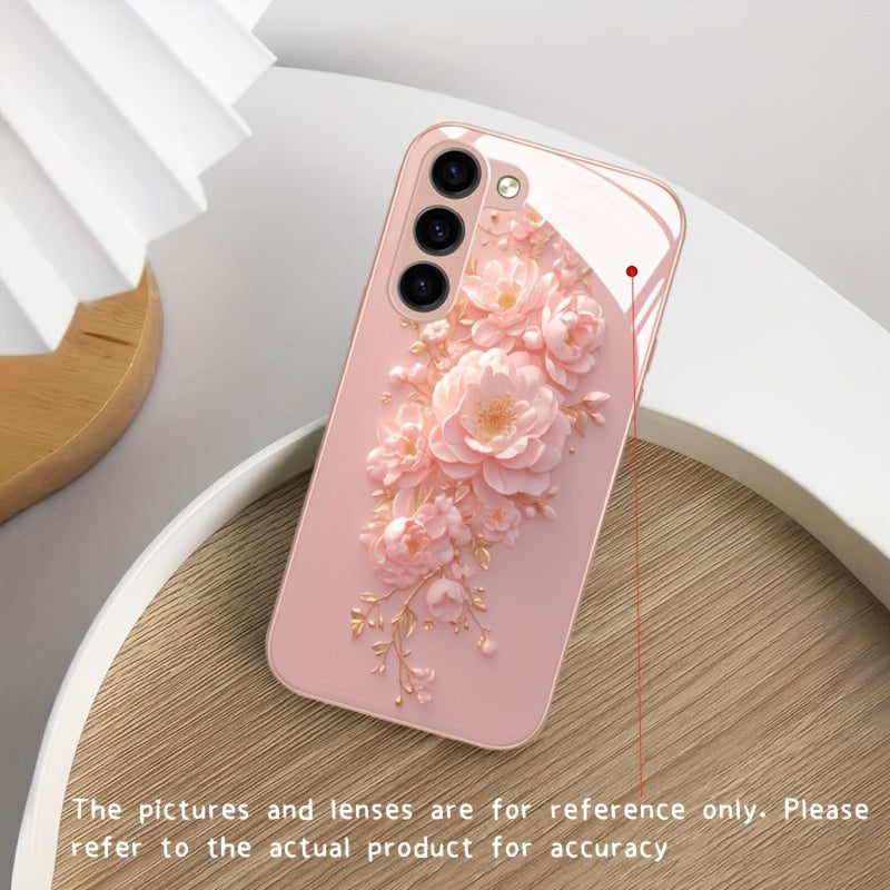 Pink Flower Glass Phone Case For SamSung For Galaxy Series - Compatible with s24/s24 plus/s24 ultra, s23/s23 plus/s23 ultra, s22/s22 plus/s22 ultra, s21/s21 plus/s21 ultra/s21 fe, s20/s20 plus/s20 ultra, A 03/a 04/a 13/a 14/a