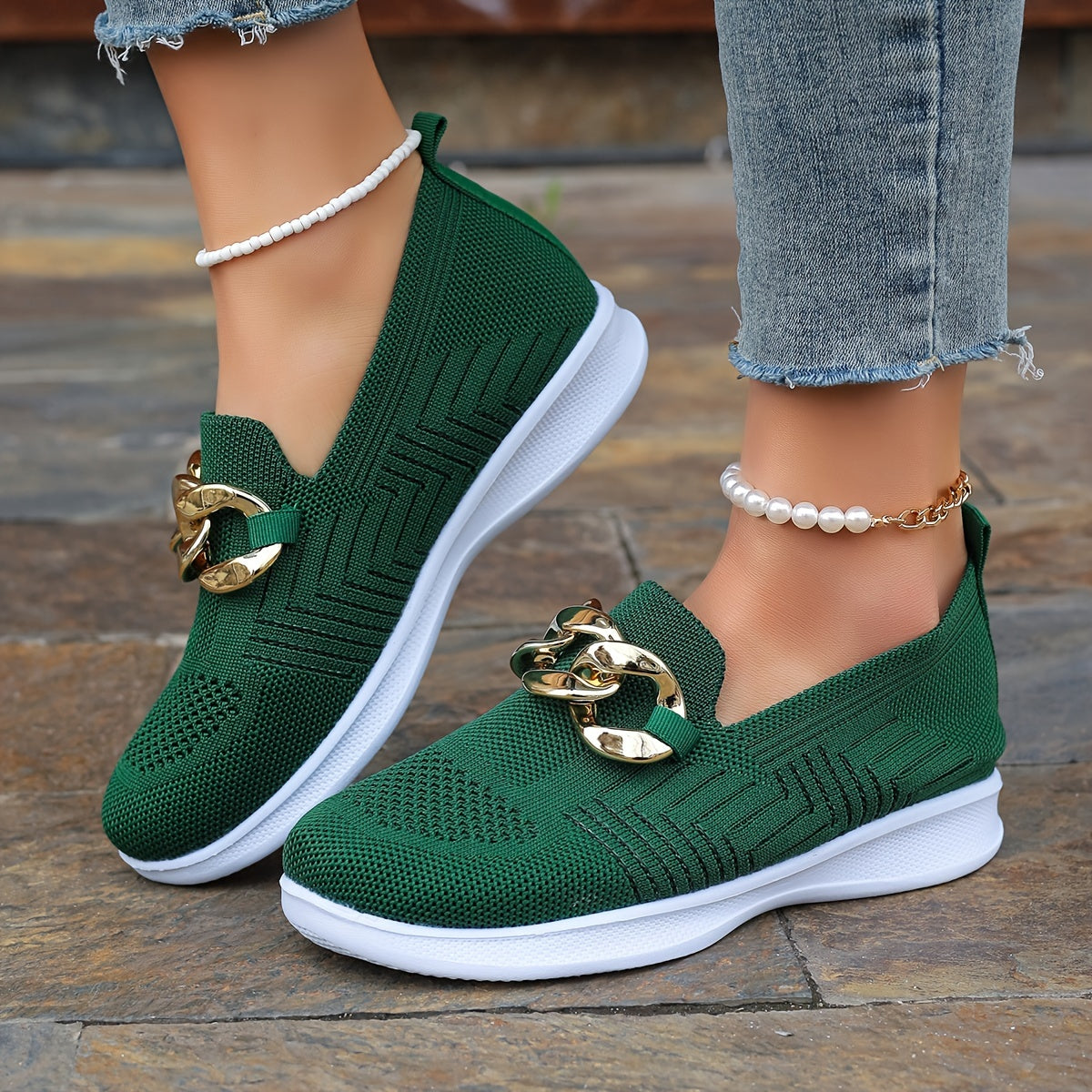 Women's Buckle Decor Sock Sneakers, Stylish Breathable Knitted Slip On Trainers, Comfy Outdoor Walking Shoes